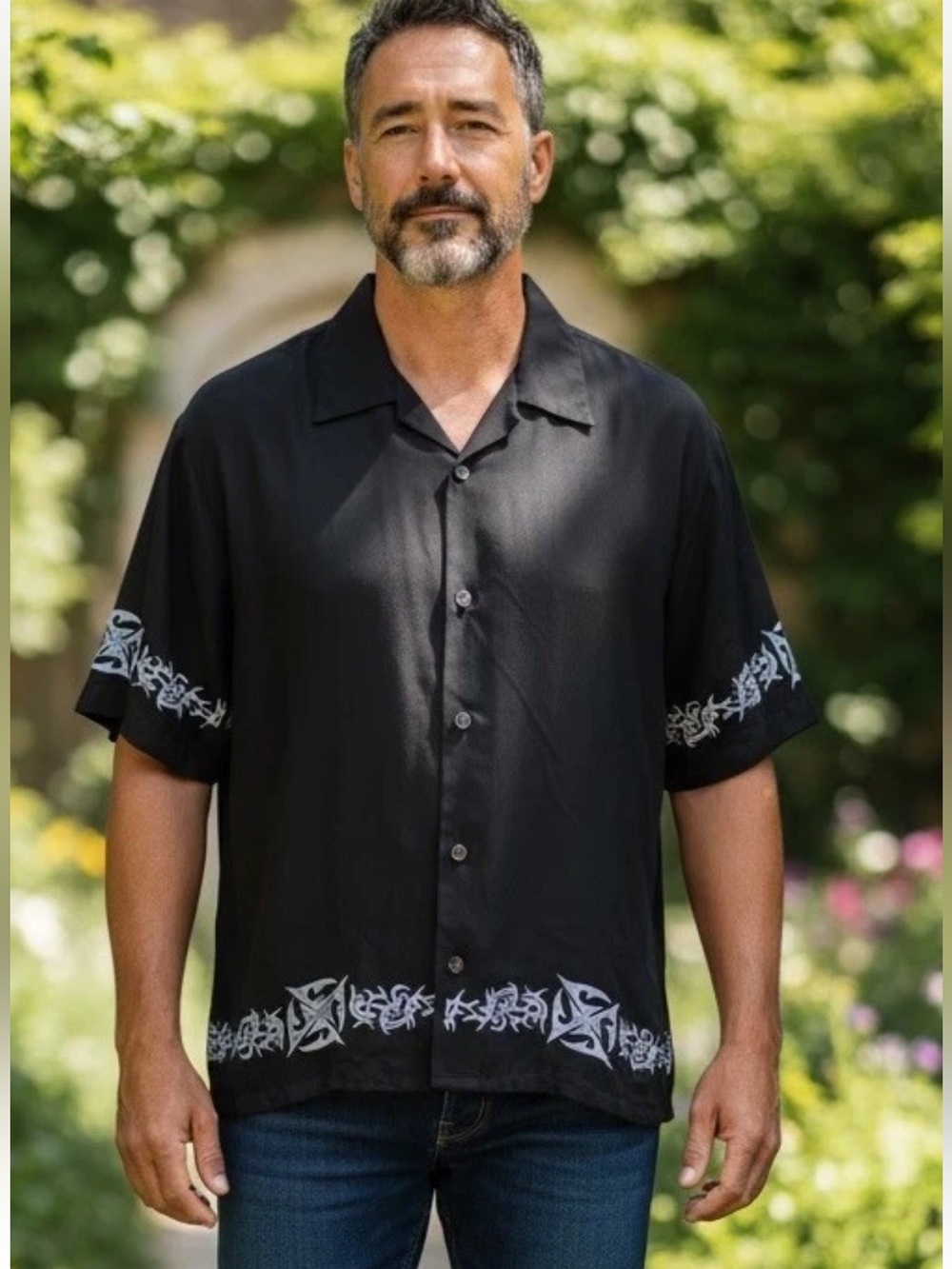 Vintage Dragonfly Shirt Mens‎ Large Black White Tribal Embroidered
